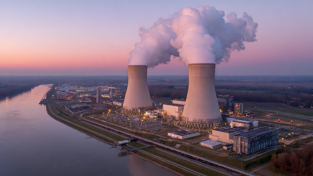 Aerial View of Nuclear Power Plant at Sunset with Billowing Smoke from Cooling Towers Reflecting on Calm Water of River in Scenic Landscape