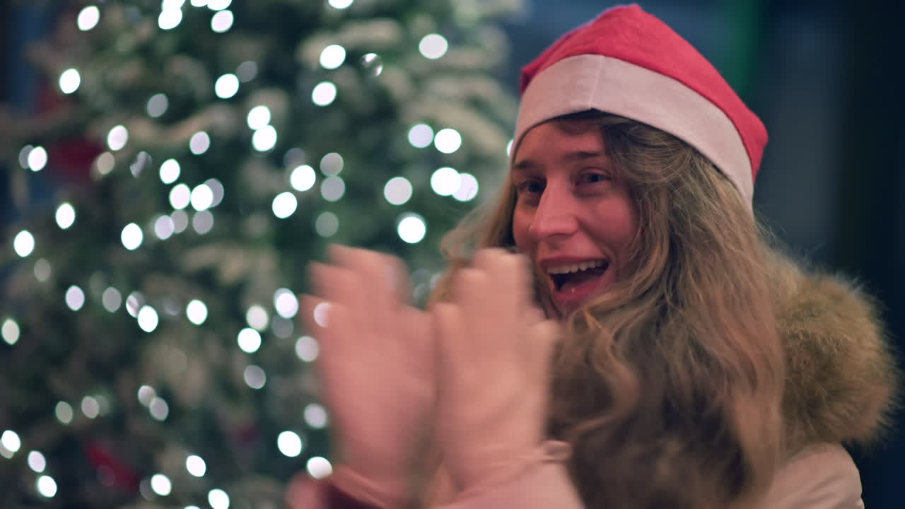 A person wearing a Santa hat joyfully claps while sitting in front of a beautifully decorated Christmas tree with twinkling lights, embodying the holiday spirit and warmth