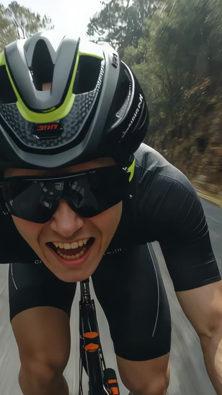 Vertical video: Front cam starting cyclist pedaling sustaining speed wooded road, riding road bike