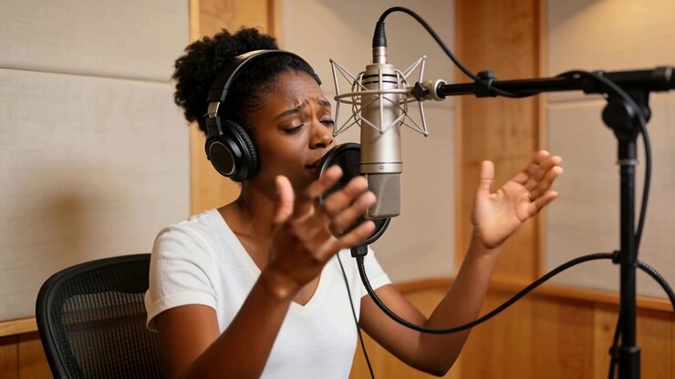 Un cantante in fase di registrazione inizia una sessione in cabina, cantando in un microfono a condensatore con le cuffie.