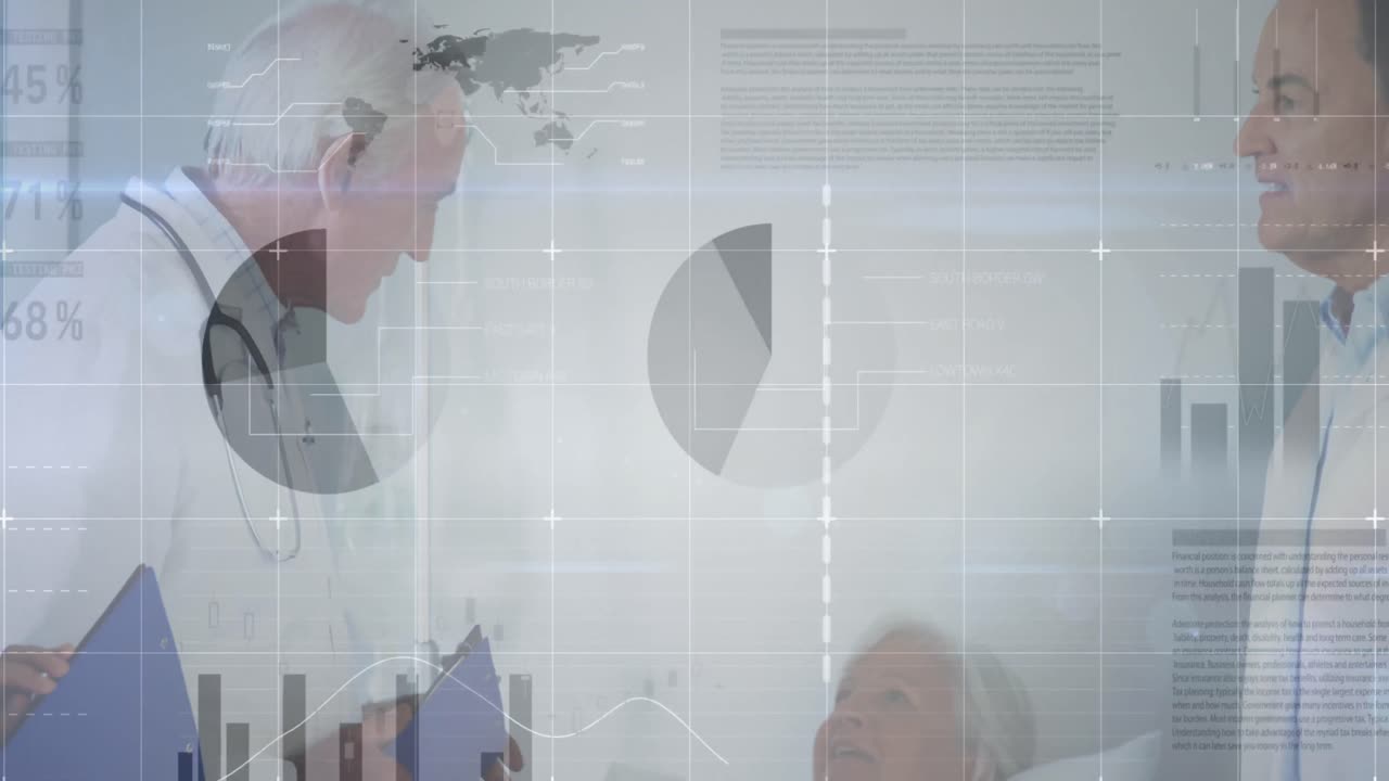 animación de la interfaz infográfica, diversos médicos examinando a una paciente femenina y discutiendo los informes.