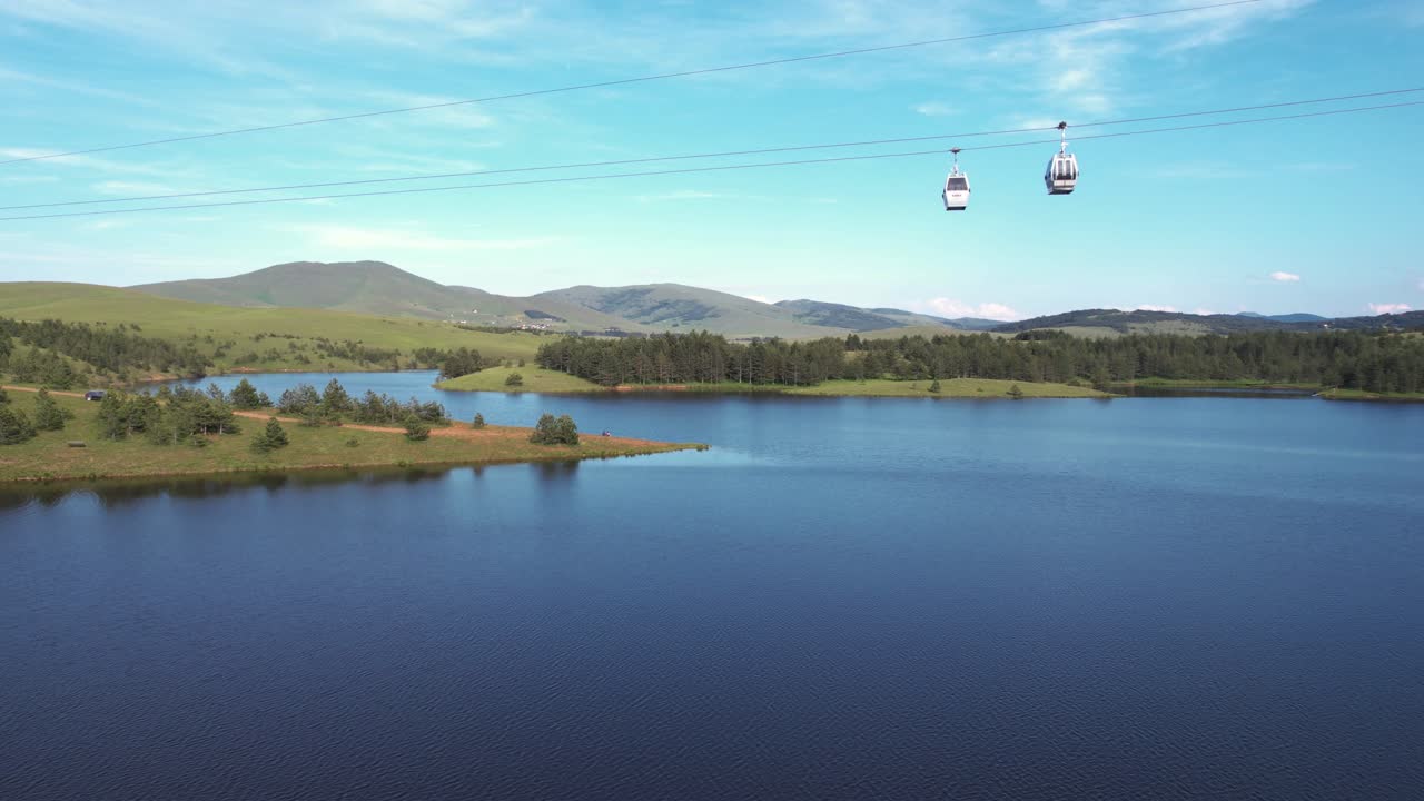 Zlatibor, Serbia. Revealing Drone Shot of Gold Gondola Cabins anc Cables Above Ribnicko Lake