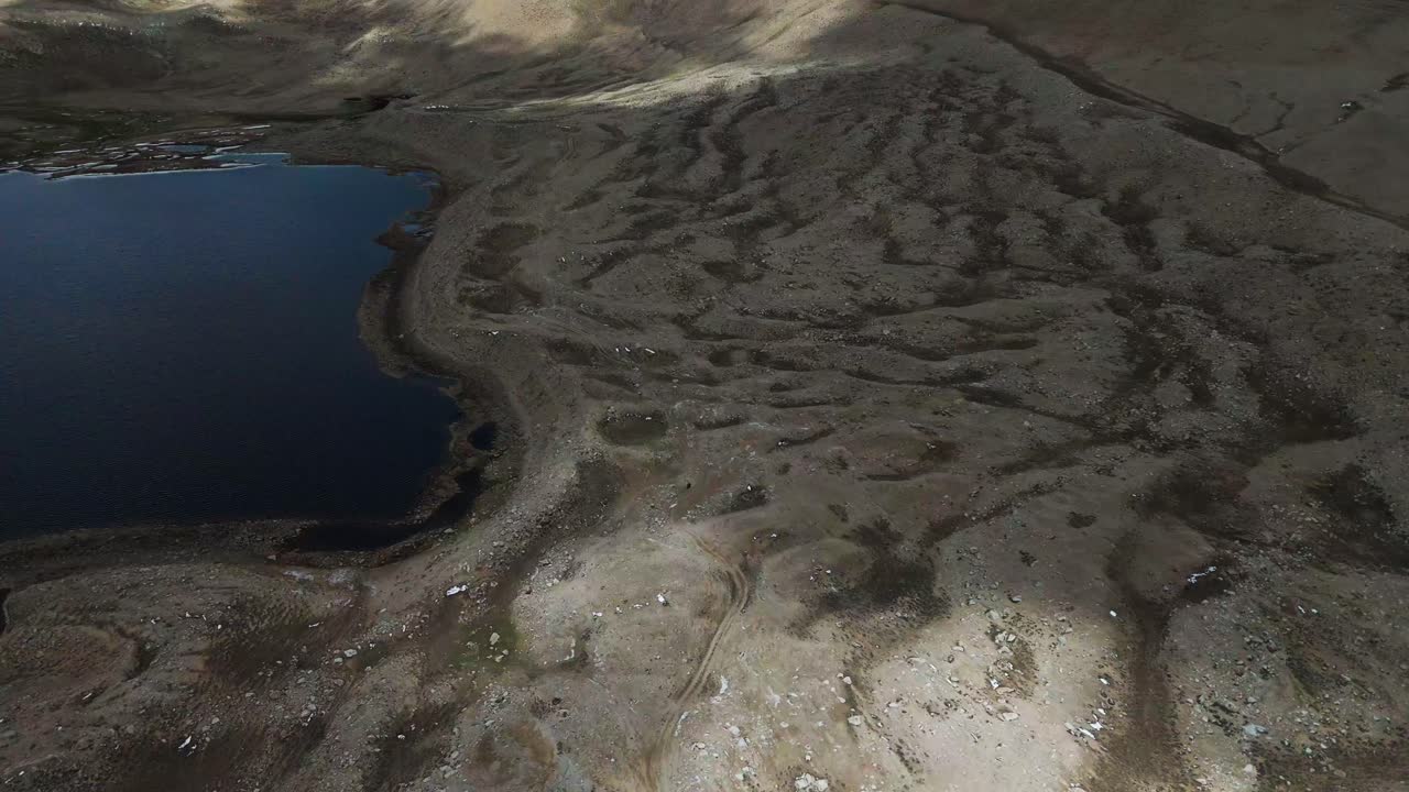 Glacial lake along the Pamir Highway, surrounded by rugged high-altitude mountains, showcasing pristine wilderness, serene waters, and majestic alpine scenery