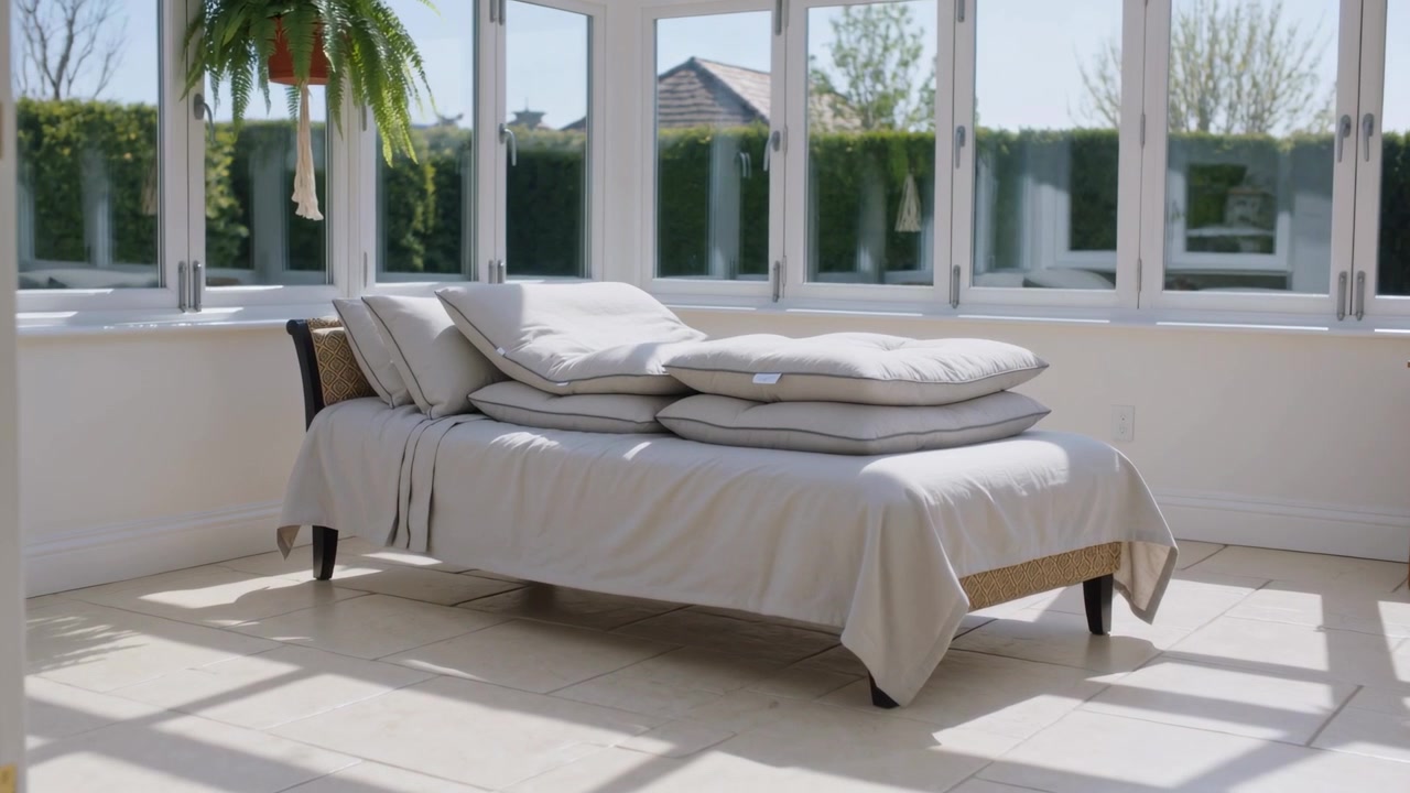 Telecamera che si muove lentamente rivelando un divano letto illuminato dal sole in una veranda per evidenziare cuscini a strati, un plaid e una felce.
