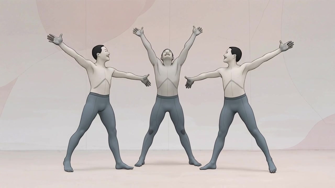 Tre ballerini maschi che saltano eseguono una routine da un abbraccio stretto in studio, con leggings scuri e pavimento liscio.