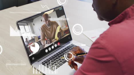 animation of financial data processing over diverse business people on laptop video call