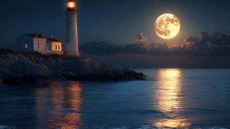 a lighthouse is on a rocky shoreline with a large moon in the sky. the moon is reflecting on the water, creating a serene and peaceful atmosphere