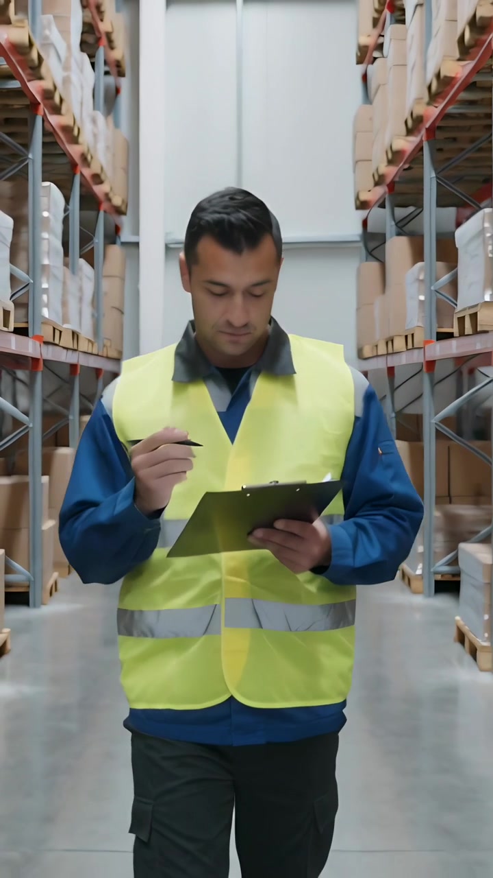 Video verticale: Lavoratore che esegue la scansione durante un audit, segnando la clipboard in magazzino e indossando un giubbotto di sicurezza.