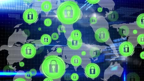 animación de la red de conexiones con iconos de seguridad de candados sobre el mapa del mundo