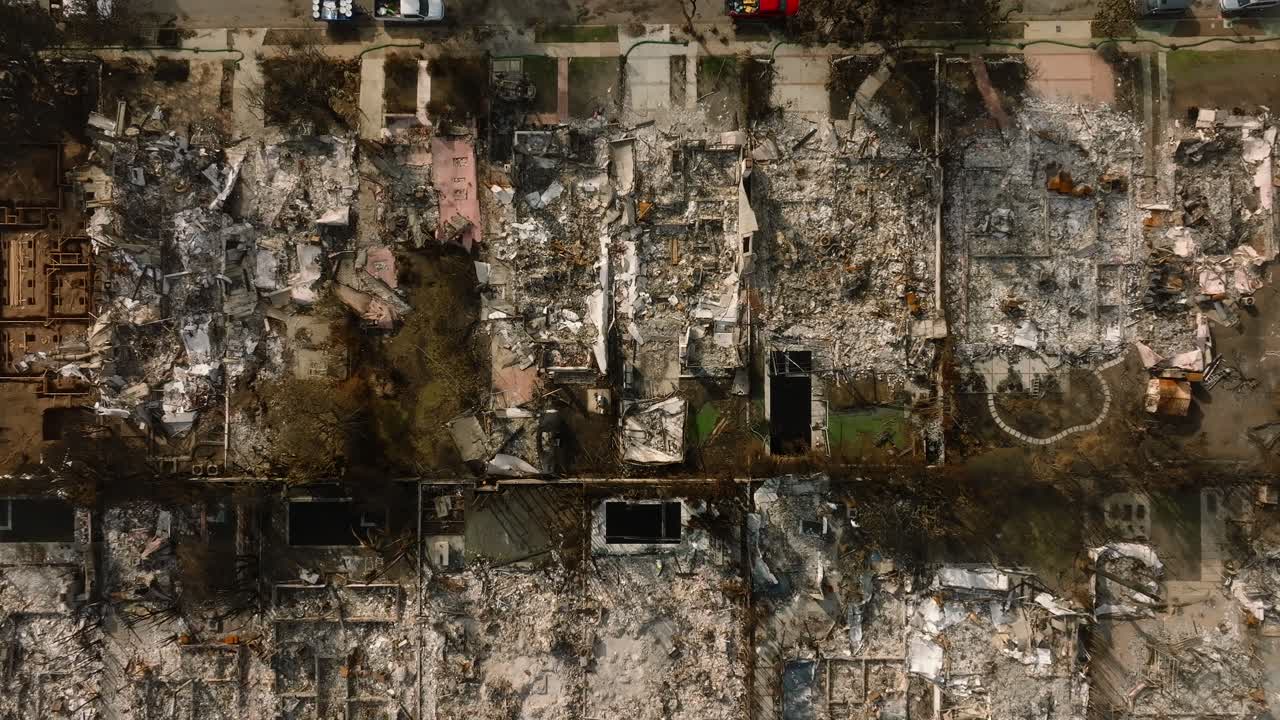 4K aerial of Pacific Palisades after the fire in January 2025, Los Angeles, California, USA.