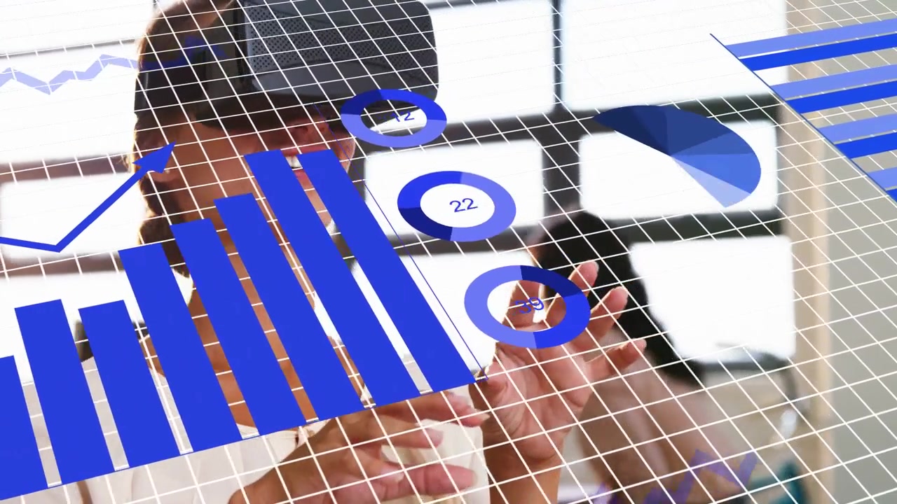 Female analyst raising hands near window and manipulating AR line, bar, pie charts for business