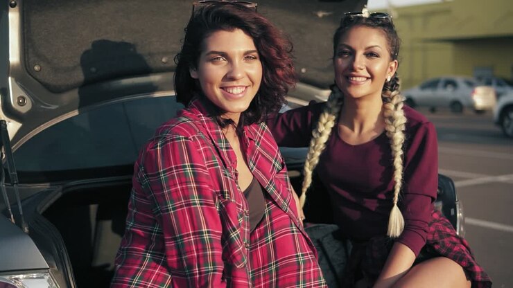 Closeup Shot Of Two Young Beautiful Women Sitting In A Car Trunk In The Parking By The Shopping Mall During Sunny Day, Smiling And Looking In The Camera