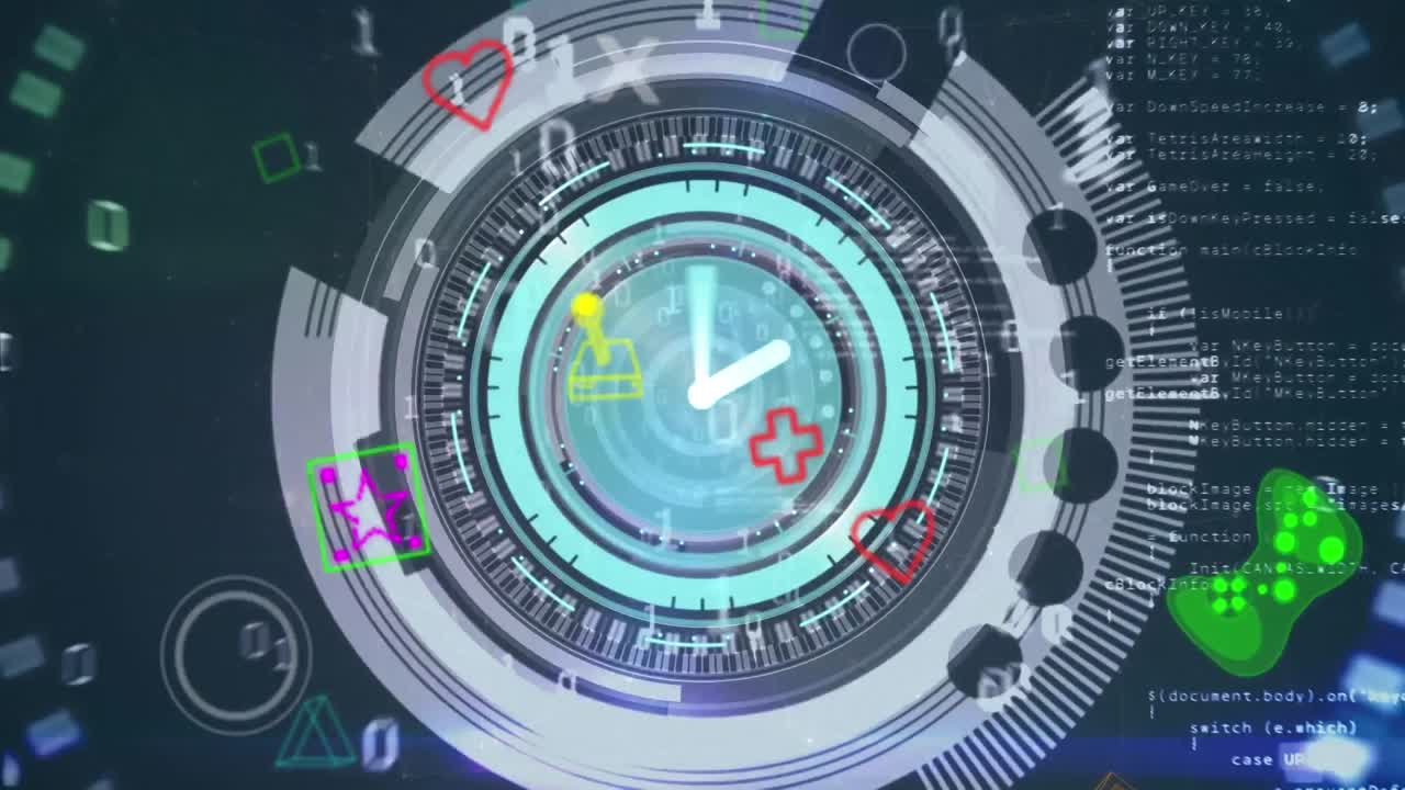 Animation of data processing and gaming icons on black background