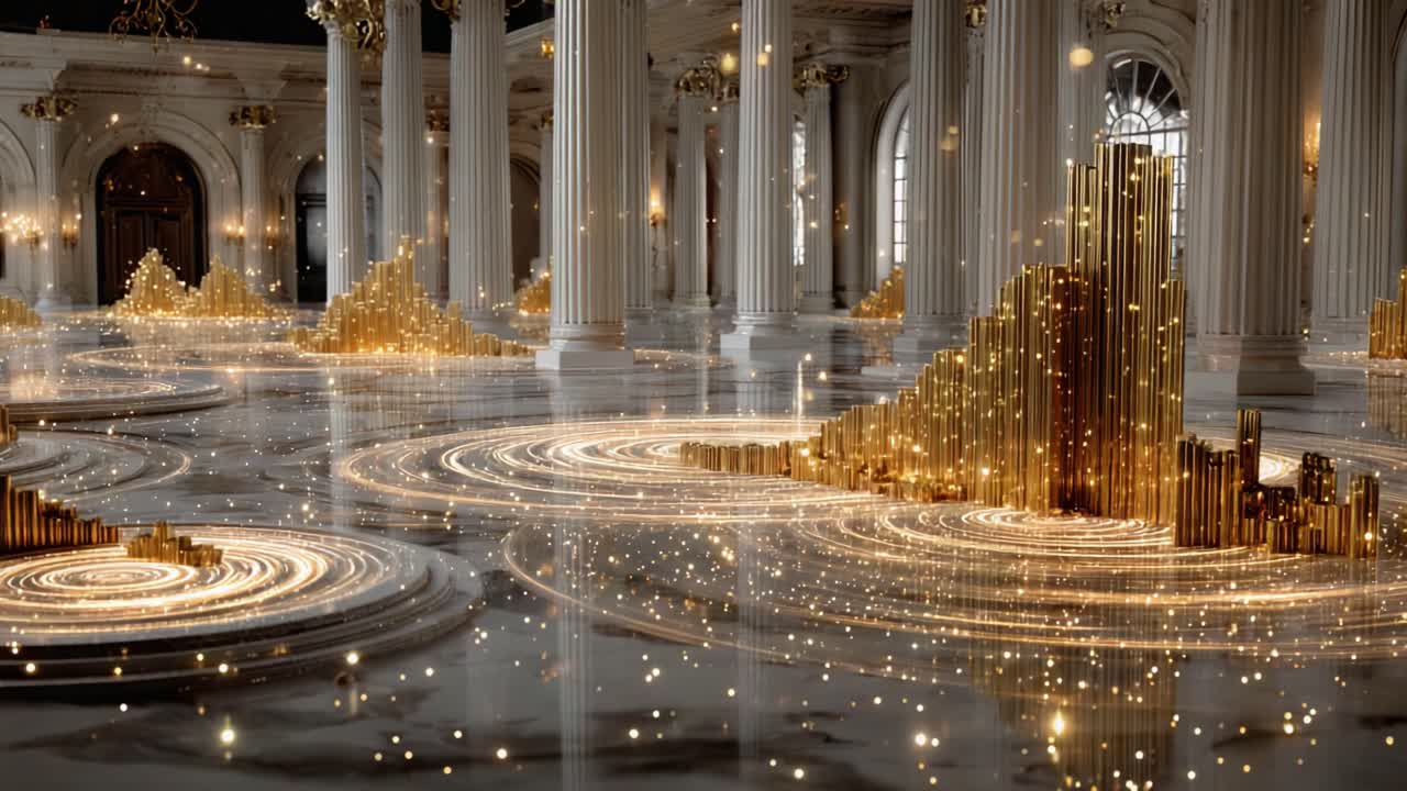 Golden bar graphs representing financial data growing inside a majestic classical building with marble floors and columns, surrounded by glowing particles and light trails showing data processing