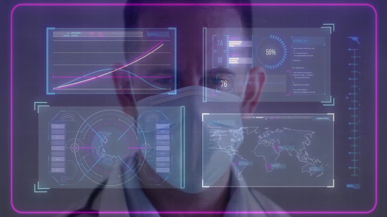 Doctor wearing surgical mask interacting with hologram health panels, showing graphs and world map