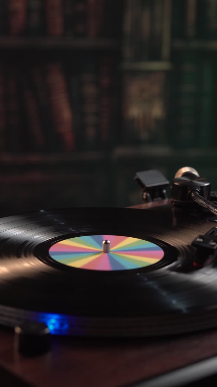 Disco in vinile che gira, vista verticale di un giradischi vintage nell'ambiente della stanza.