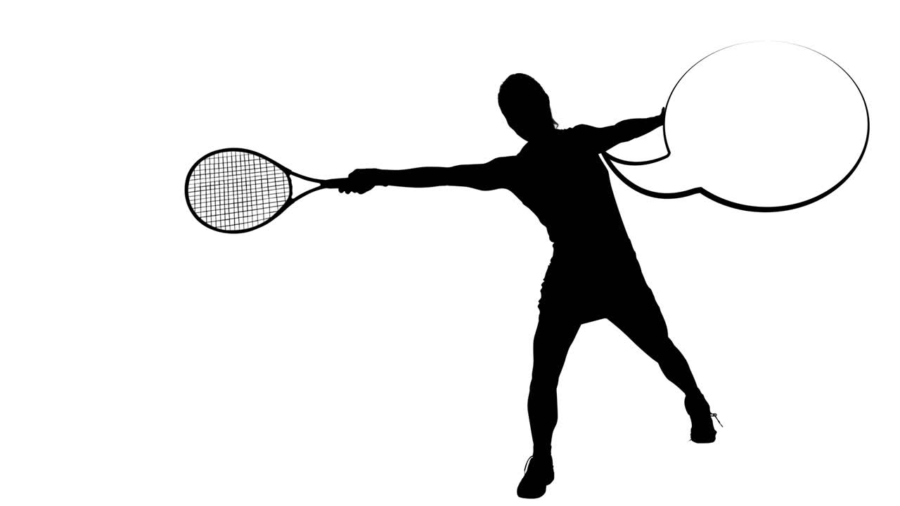 ⁇ 색 배경에 연설 거품과 함께 테니스 선수의 실루 ⁇ 의 애니메이션