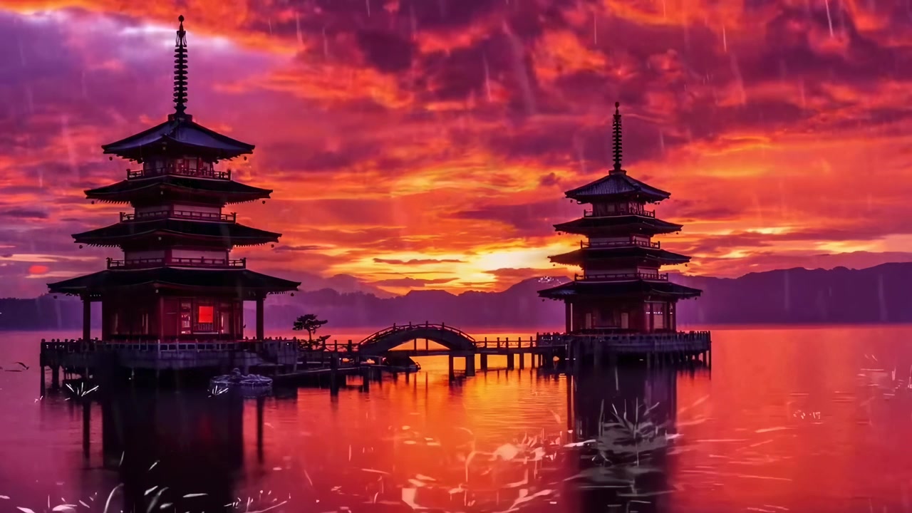 Traditionelle japanske pagoder på en sø under en regnfuld solnedgang