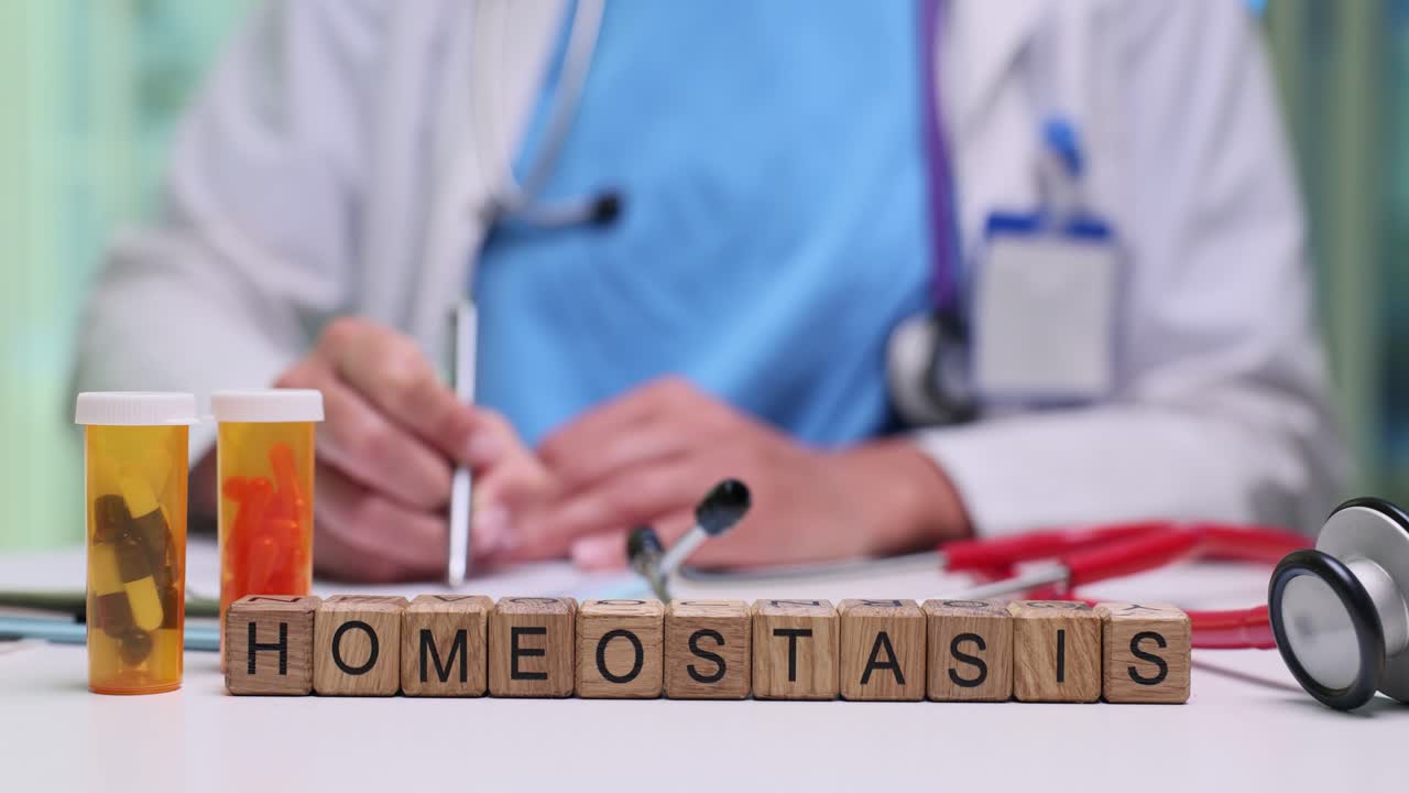 Wooden blocks spell word homeostasis near prescribed drug bottles