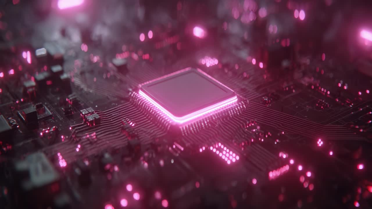 Illuminated Circuit Board: Exquisite Close-up of a Processor Surrounded by Vibrant LED Lights, Capturing the Essence of Modern Technology and Innovation