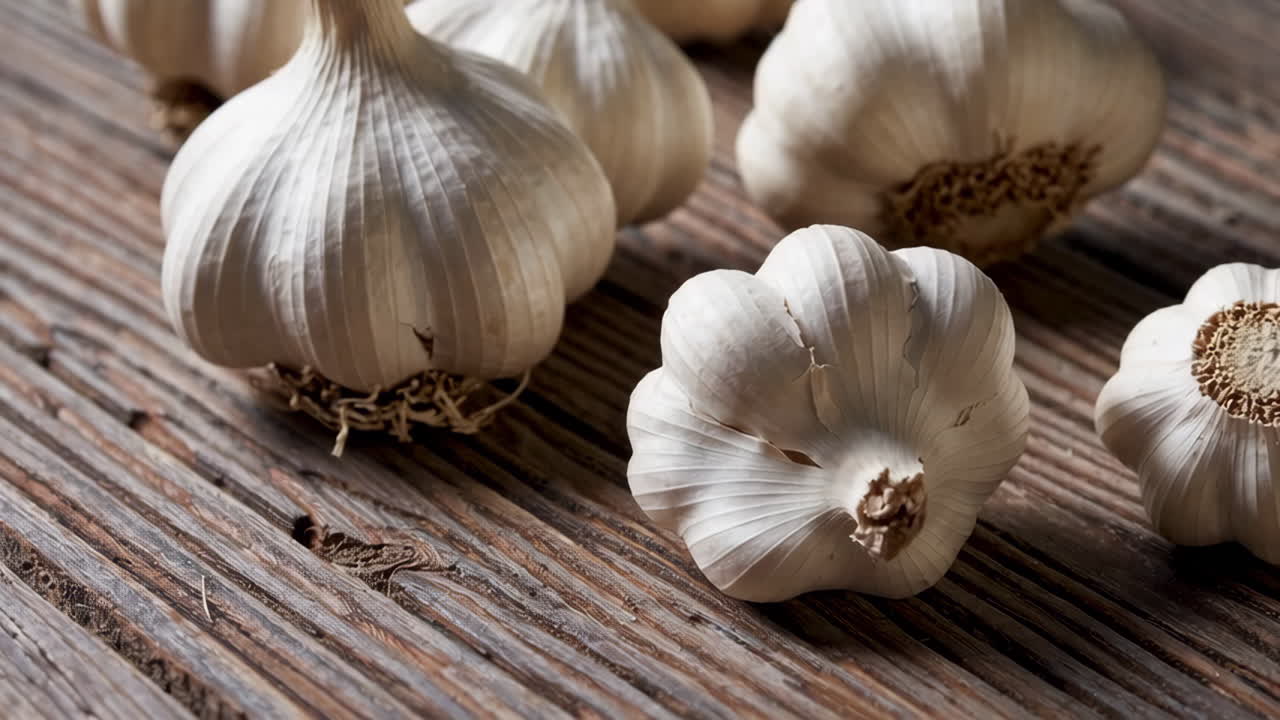 Fresh Garlic Bulbs on a Wooden Table