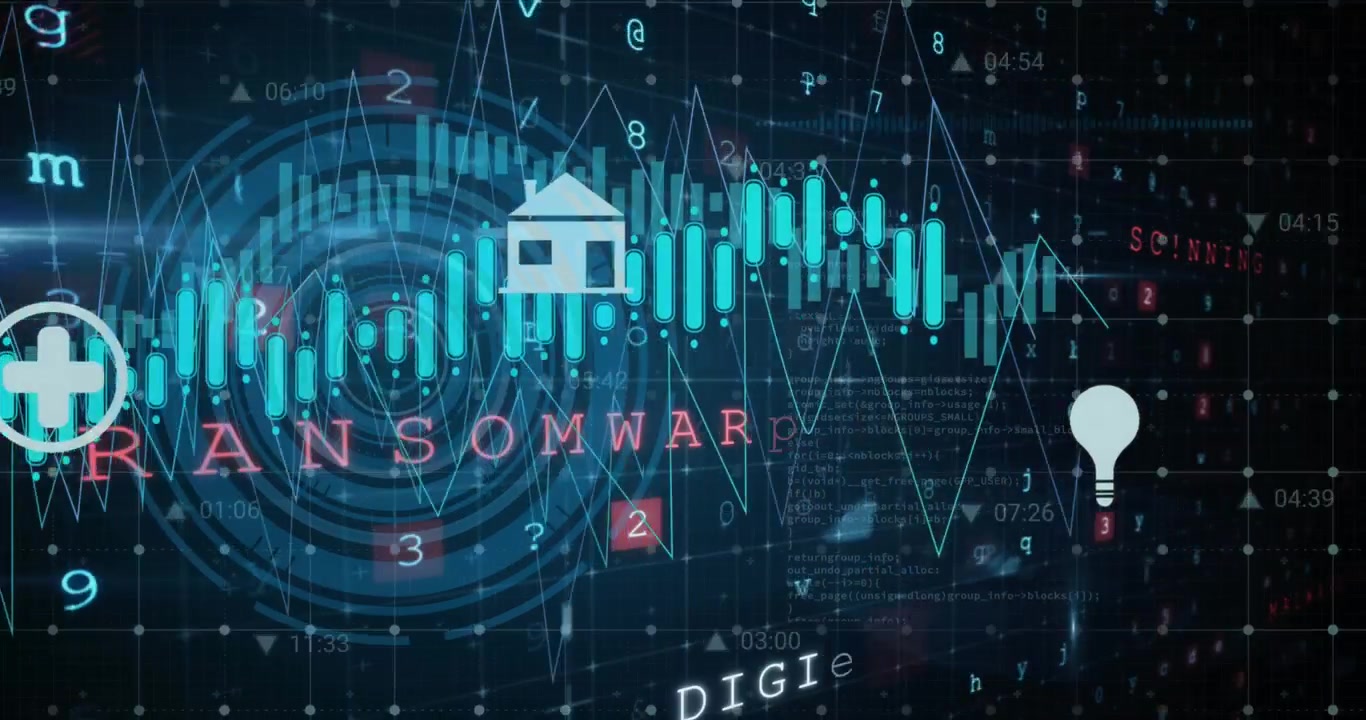Animation of digital icons and round scanner against cyber security data processing