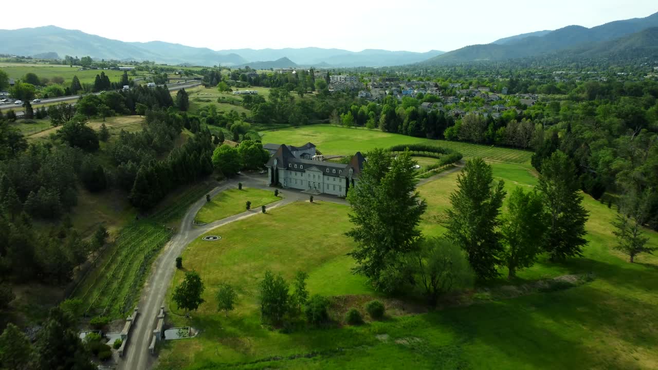 USA, OR, Ashland, Chateau Herbe, 45426 - Magnificent estate in Ashland is built in the style of a French chateau. 27 acre estate, rose garden, Trevi fountain, and manicured lawns.