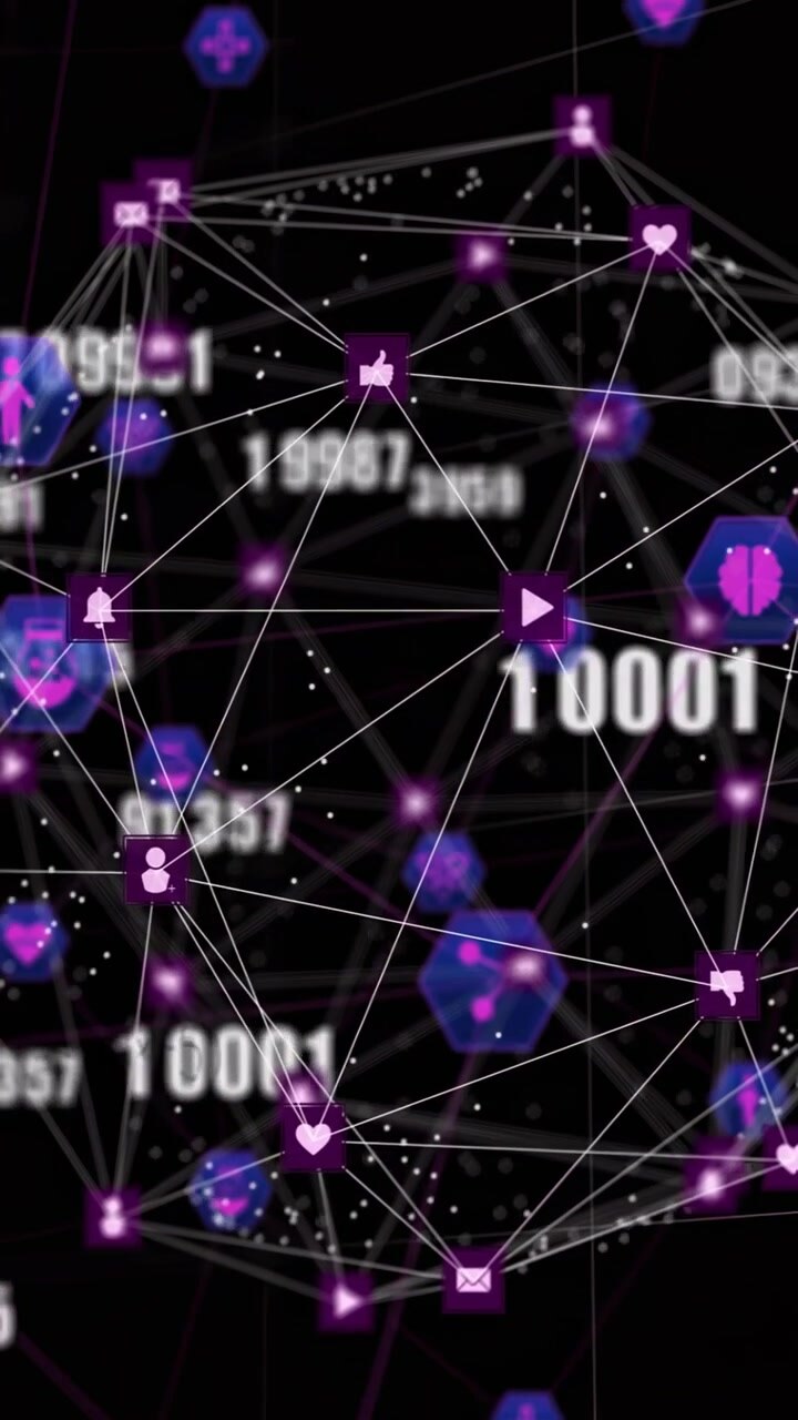 Rotating white-line mesh globe showing pulsing purple icons, blue hexes and numbers on black