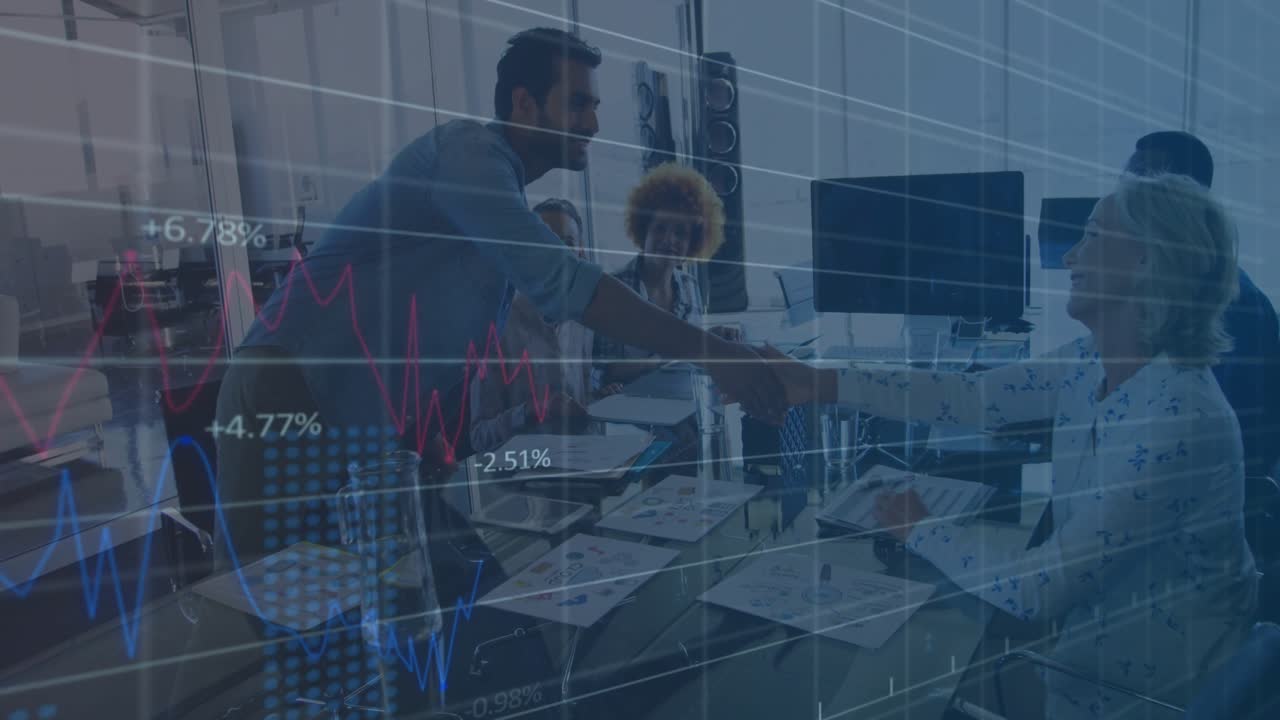 Man entering room and pointing report details, financial charts rising and team sealing deal