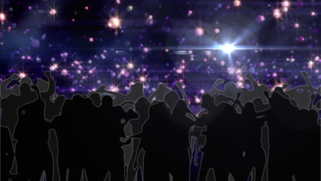 digital animation of spot of light over silhouette of people dancing against red lights