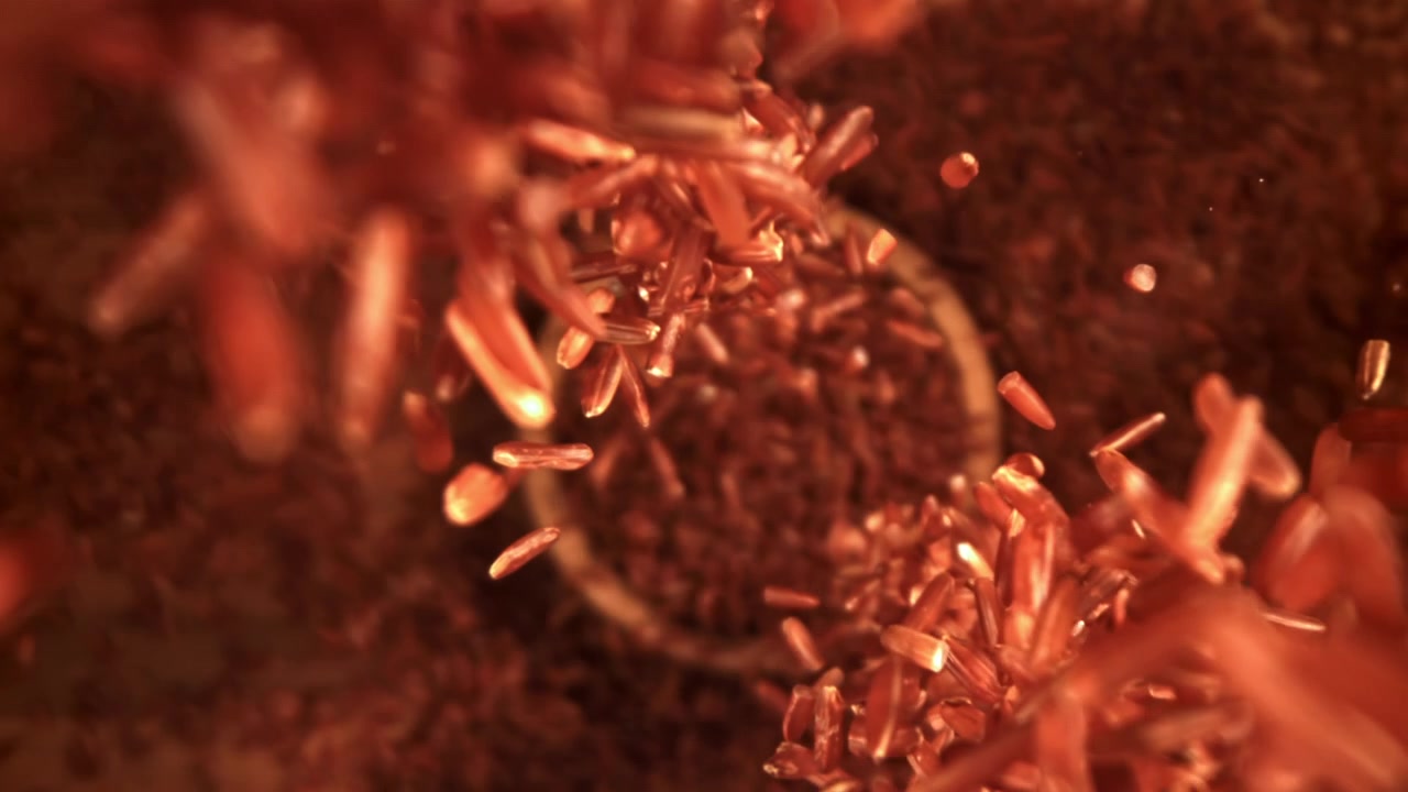 Red Rice Grains Falling into a Bowl in Slow Motion