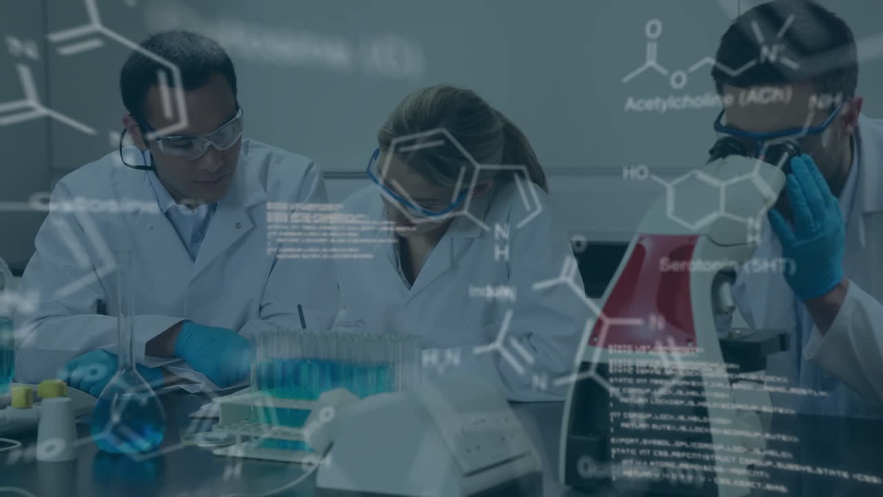 animación del procesamiento de datos científicos sobre diversos científicos en el laboratorio