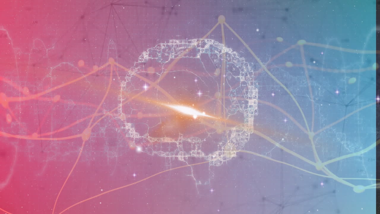 다채로운 그래디언트 배경 위의 디지털 뇌 및 신경 네트워크 애니메이션