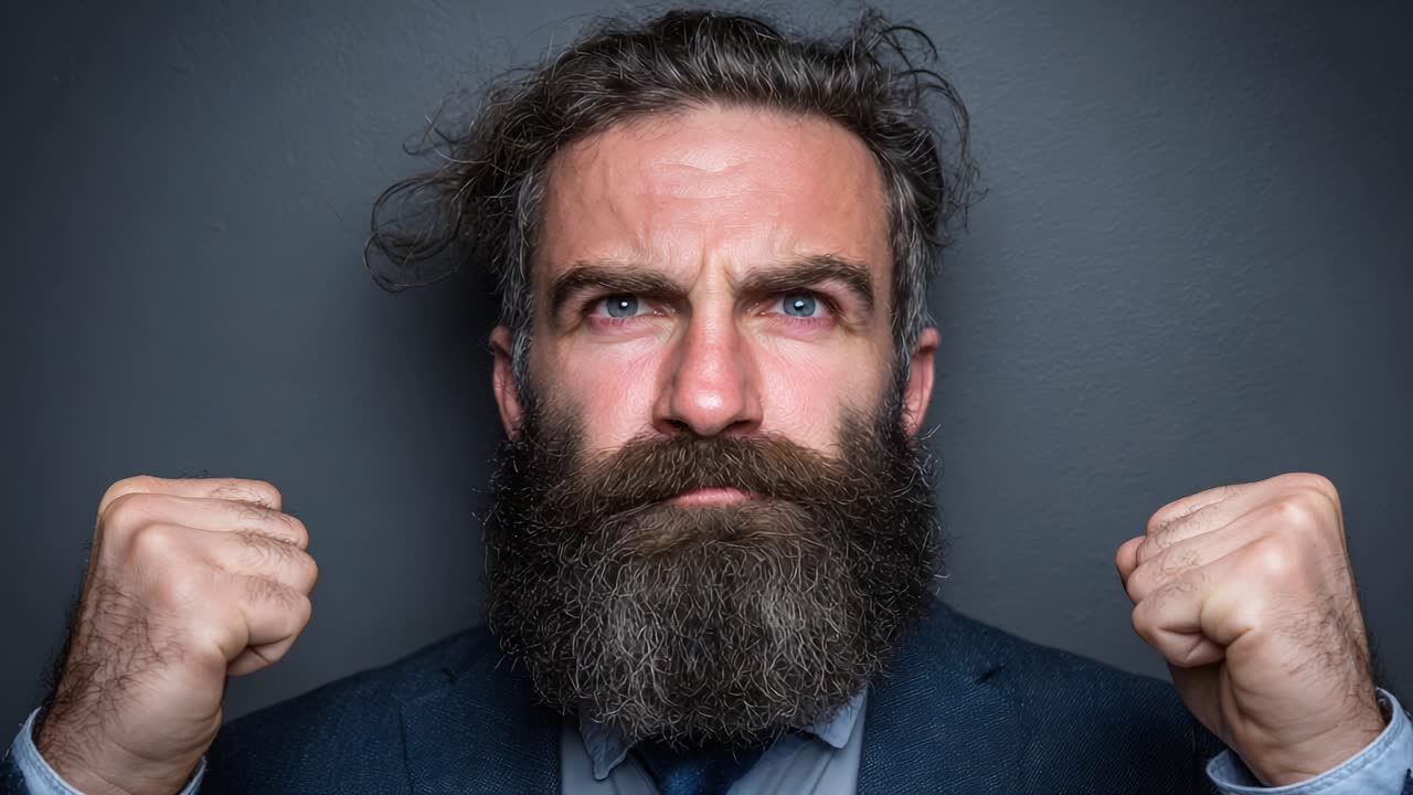 Intensely Expressive Portrait of a Determined Man with a Commanding Beard, Capturing the Essence of Strength and Resilience in a Professional Attire