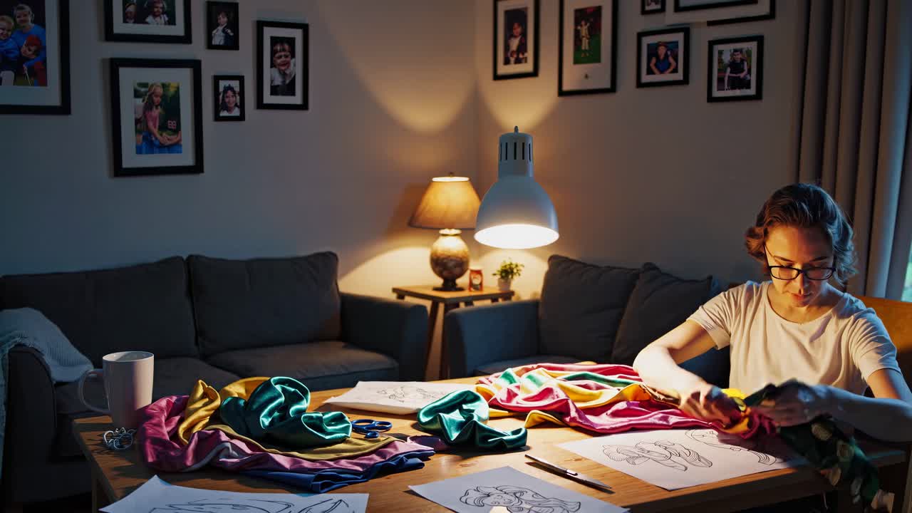 Woman creating colorful fabric designs at home
