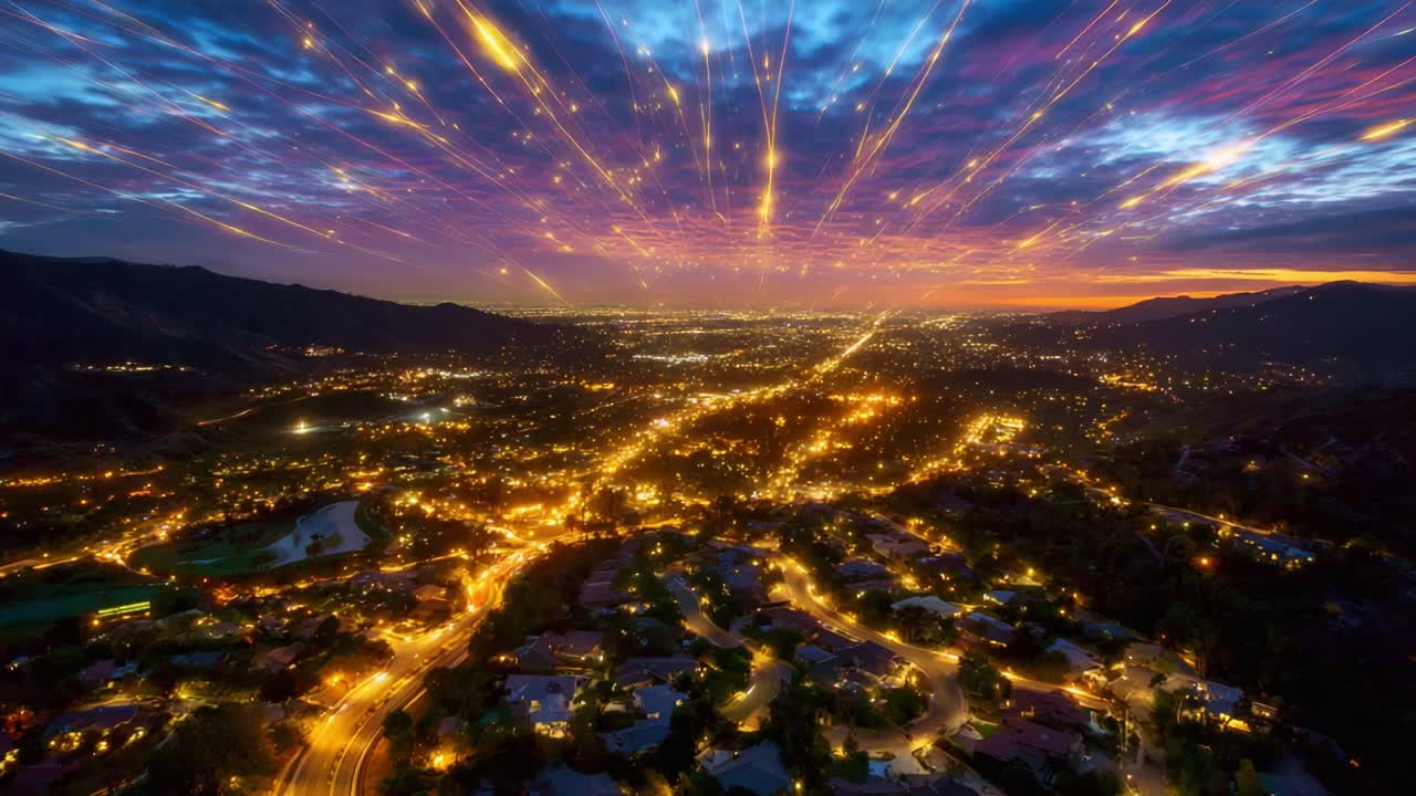 A Stunning Transformation of Urban Nightscapes: Capturing the Vibrant Transition from a Colorful Twilight Sky to a Golden Dawn Over a City, Highlighting the Dynamic Motion of Lights Spreading Across the Horizon