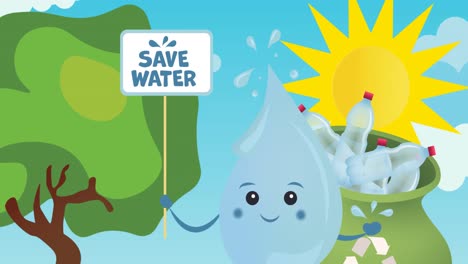 animation of water drop with save water text on board with tree and plastic bottles in bag on blue