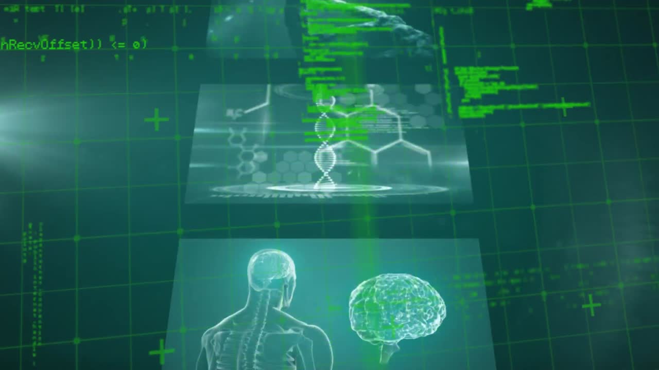 animación del hilado de cadenas de adn y procesamiento de datos médicos