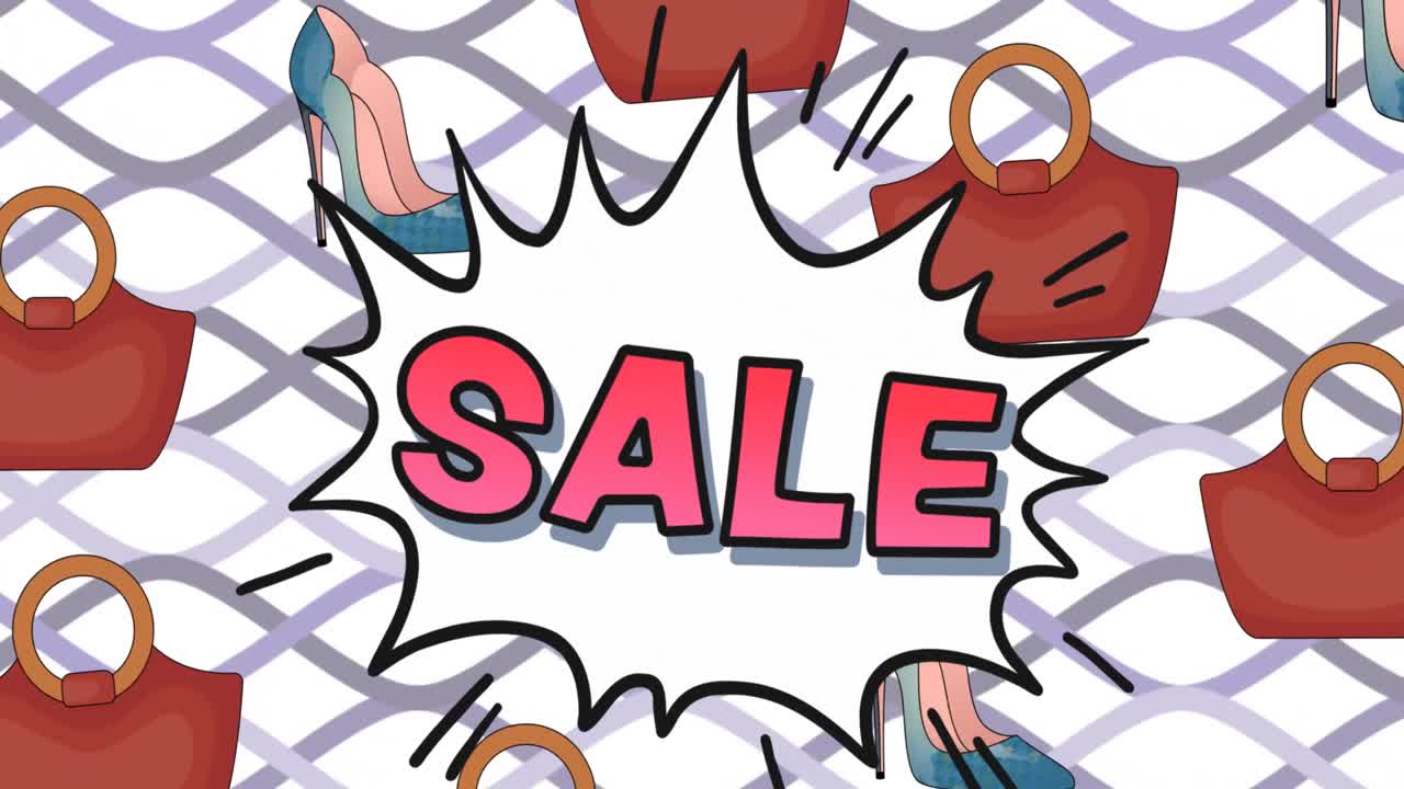 анимация текста продажи и значков сумочек на белом фоне