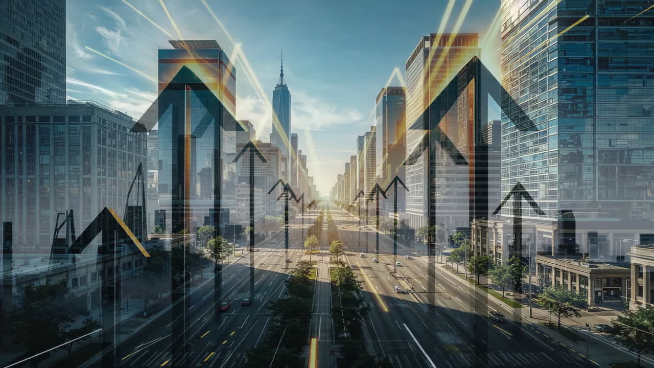 Cityscape with Upward Trend Arrows Representing Growth