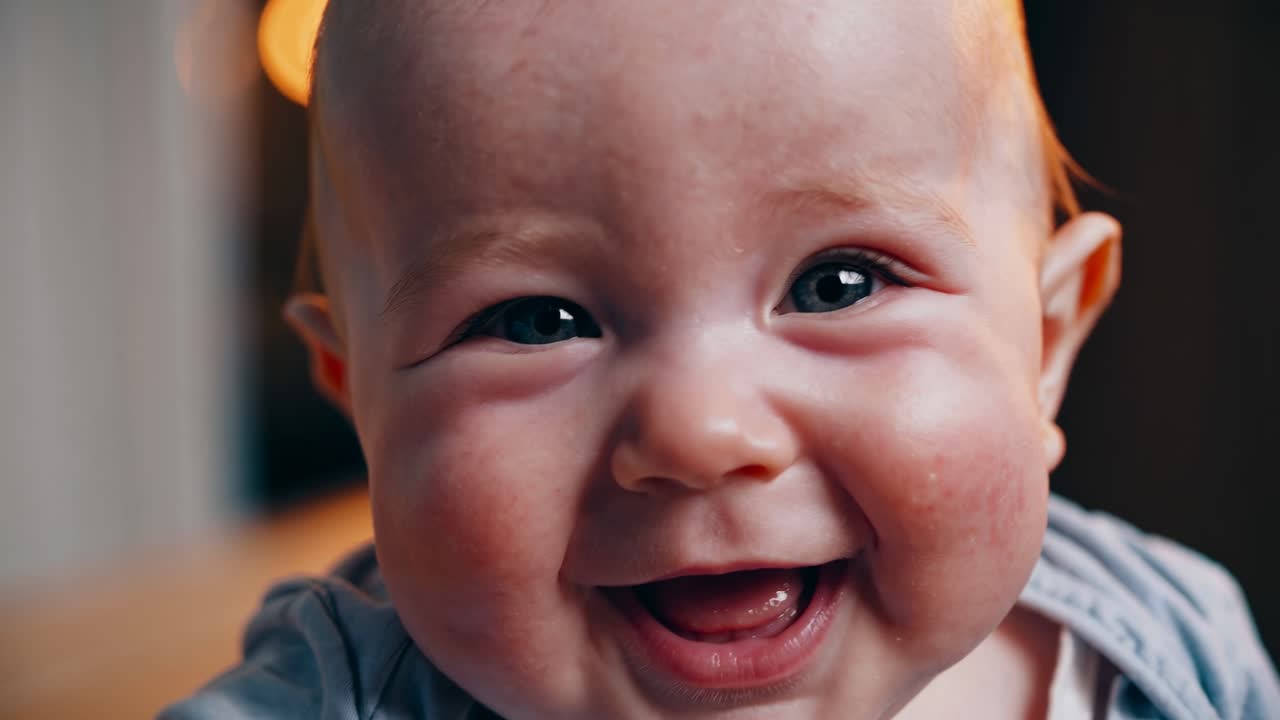 Close-up video shot of a smiling baby, capturing joyful expressions