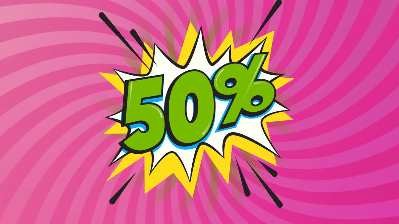 배경에 회전하는 분홍색 줄무 ⁇ 에 50 퍼센트 레트로 음성 거품의 애니메이션