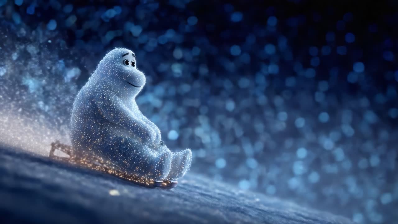 A Charming Snowy Creature Enjoying a Magical Sleigh Ride Through a Sparkling Winter Landscape, Capturing a Heartwarming Moment of Joy and Playfulness