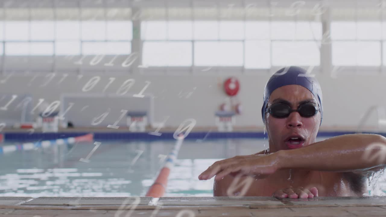 Swimmer gripping pool edge under binary overlay, lifting torso and analyzing sports technology data
