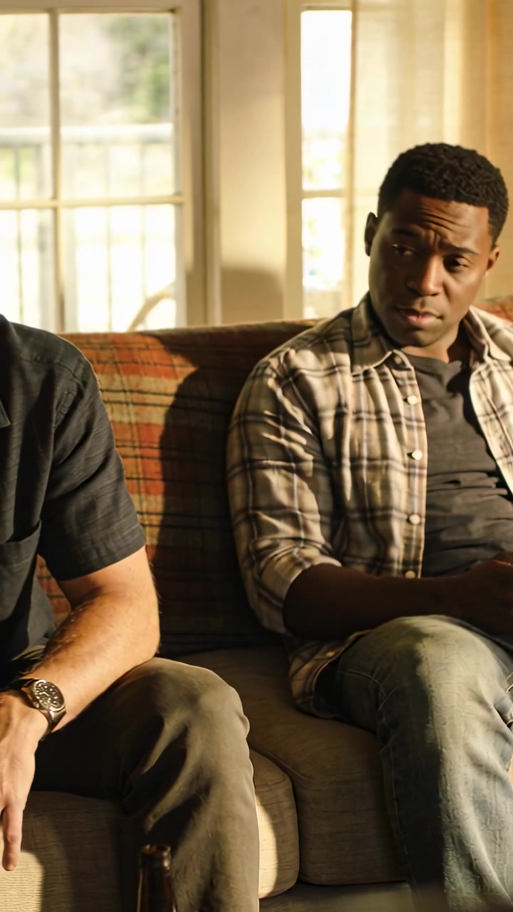 Vertical video: Glancing man in plaid shirt checking smartphone on couch at home, watch visible
