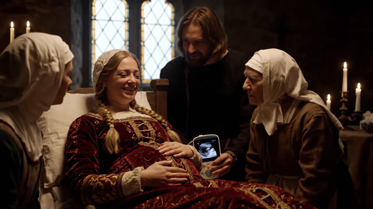 Pregnant woman receiving an ultrasound in a historical setting