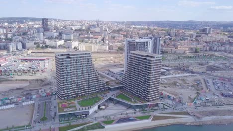 Still-static-4k-aerial-shot-of-Belgrade-Waterfront-in-city-centre-summer-day