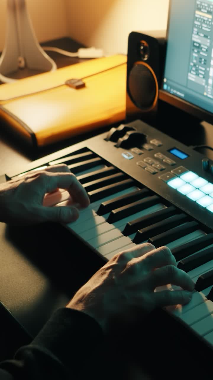 Music production. Man playing a MIDI keyboard. Home studio