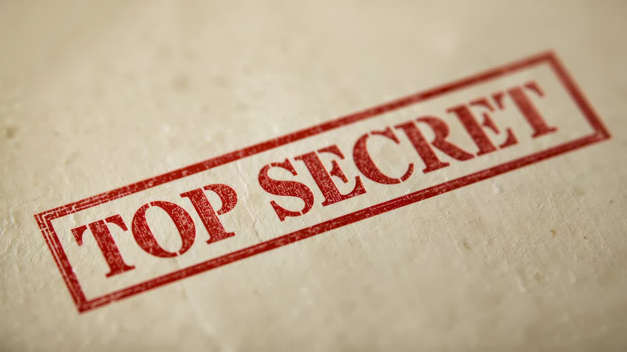 Camera pulling back and panning, revealing red TOP SECRET stamp on aged paper for close inspection