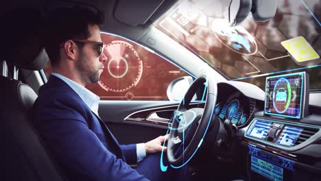 Animation-of-digital-interface-over-businessman-in-self-driving-car